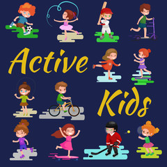 Kids sport, isolated boy and girl playing active games vector