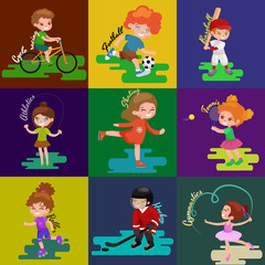 Kids sport, isolated boy and girl playing active games vector