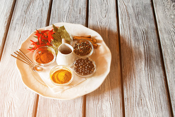 Curry and paprika on plate. White plate with seasonings. Spice up your food. You can try them all.
