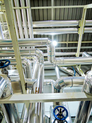 Process Boiler steel piping hot water steam in room for industry.