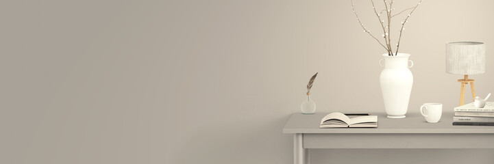 Schreibtisch mit Büchern und Accessoires - stylish grau, femininer Wohnstil - Banner für Text 