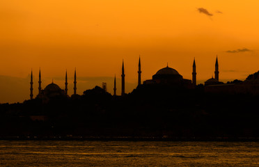 Silhouette of Hagia Sophia and Blue Mosque from the asian side.