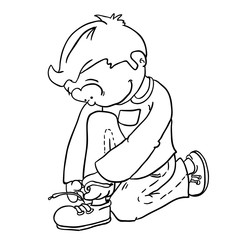 black and white boy tying a shoelace