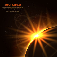 Sunrise vector space background. Planet and sunrise star, light sunrise in universe illustration