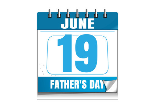 Fathers Day date. Blue wall calendar. Fathers Day date in the calendar. 19 June. Wall calendar isolated on white background. Vector illustration
