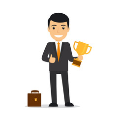 Businessman holding trophy and smiling. Businessman man standing with thumb up sign icon. Vector illustration