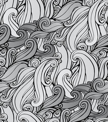 Seamless pattern with black and white spiral curls. Stylized ocean waves. Hand drawn doodle. Vector illustration