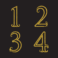One, two, three, four golden glittering numbers. Vintage font with flourishes.