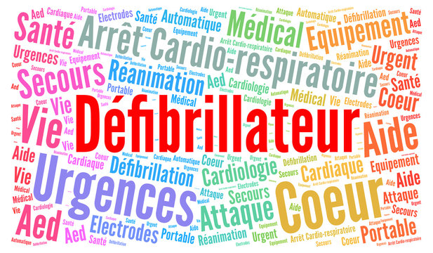 Defibrillator word cloud concept in french language