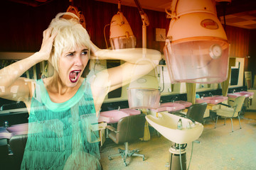 double exposure of hair salon and screaming woman