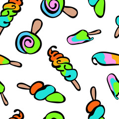 Bright ice cream. Summer sweets. Seamless vector pattern (background). Hand-drawn illustration. Bright design.