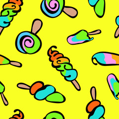 Obraz premium Bright ice cream. Summer sweets. Seamless vector pattern (background). Hand-drawn illustration. Bright design.