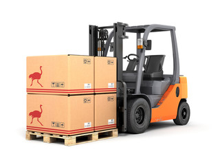 Forklift truck with boxes on pallet 3d