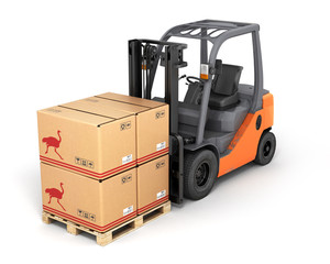 Forklift truck with boxes on pallet 3d