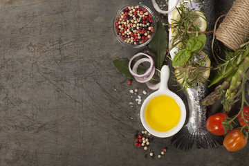 Raw rainbow trout with vegetables, herbs and spices