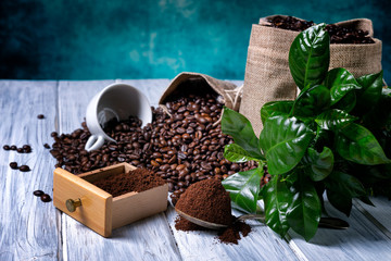 Ground coffee with coffe plants and cup