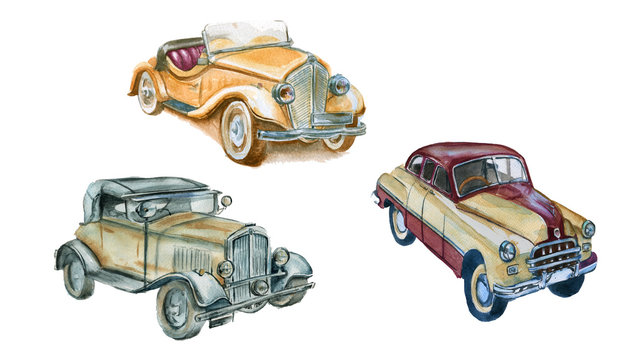 Set of retro cars. isolated. watercolor illustration