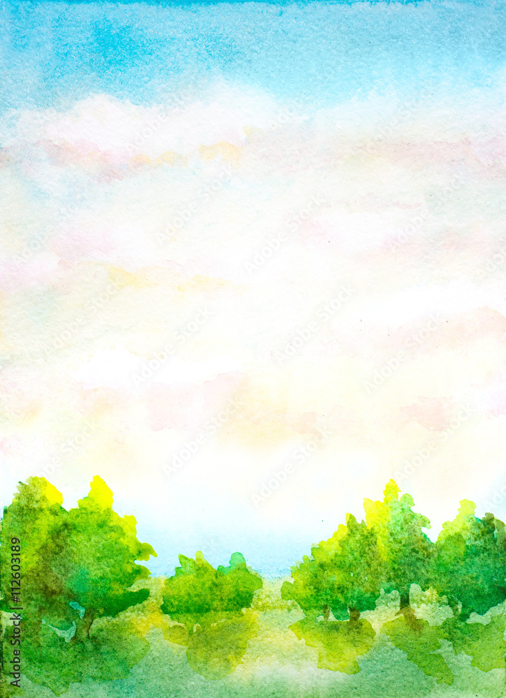 Wall mural watercolor vertical landscape with sky with clouds, trees 