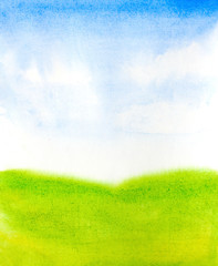 paysage à l& 39 aquarelle avec ciel abstrait, nuages et herbe verte