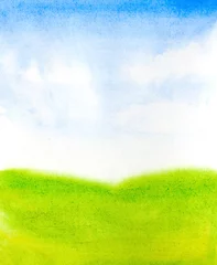 Papier Peint photo Lavable Vert-citron paysage à l& 39 aquarelle avec ciel abstrait, nuages et herbe verte