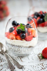 chia seeds in yogurt with granola, yogurt and strawberries, blue