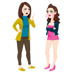 Angry mother having a quarrel arguing with rebellious teenage daughter wearing a dress too short