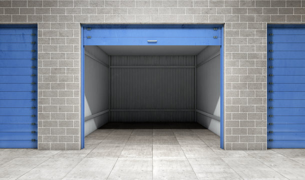 Empty open door self storage unit . 3d rendering