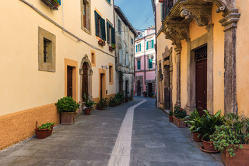 Fototapeta na wymiar Spring streets of the old Tuscan town. Colorful flowers bloom an