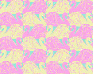 vector seamless gentle romantic graphical swan birds regular pattern, linear placement, outlined silhouettes  