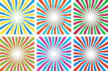 Vector set of colorful backgrounds with concentric lines and ray