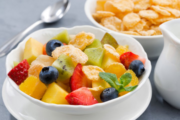 bowl of fresh fruit salad with corn flakes, horizontal