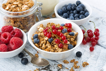 homemade muesli and fresh berries on white wooden background