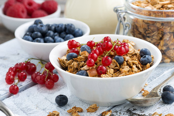 muesli and fresh berries on white wooden background, closeup