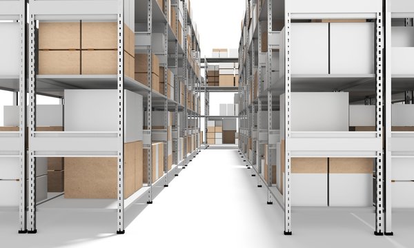 3d interior warehouse with rows of shelves and boxes