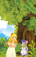 Cartoon fairy tale scene with a young little girl living in a tree house and a mole coming to visit - illustration for children