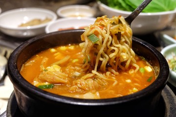 Kimchi noodles, Korea food.