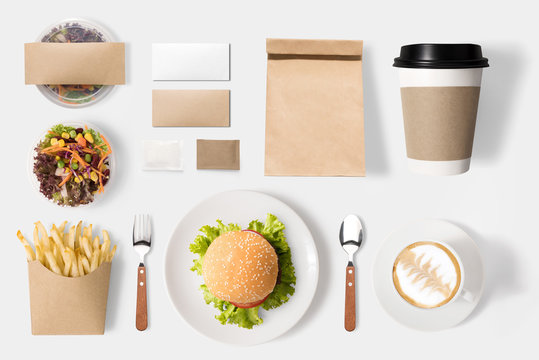 Design concept of mockup burger and coffee set isolated on white