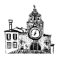 Picture Church San Giacomo di Rialto in Venice sketch graphic hand drawn vector illustration