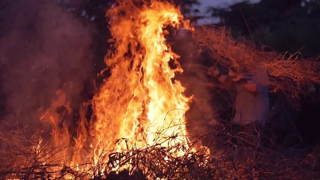 Slow motion shot of elder woman burning dry branches on the bonfire

