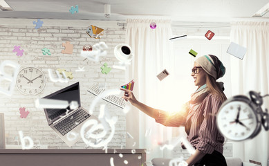 Hipster girl touch media screen