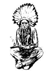 drawing an old Indian in a large headdress made of feathers sitting and smoking a pipe of peace, sketch hand drawn graphics vector illustration