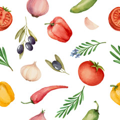 Seamless pattern with watercolor vegetables.