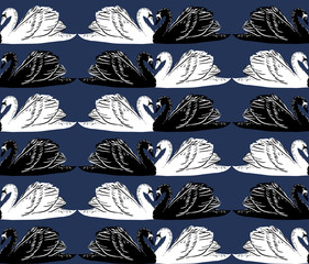 vector seamless gentle romantic graphical swan birds regular pattern, linear placement, outlined silhouettes