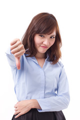 unhappy woman office worker giving thumb down, studio isolated o