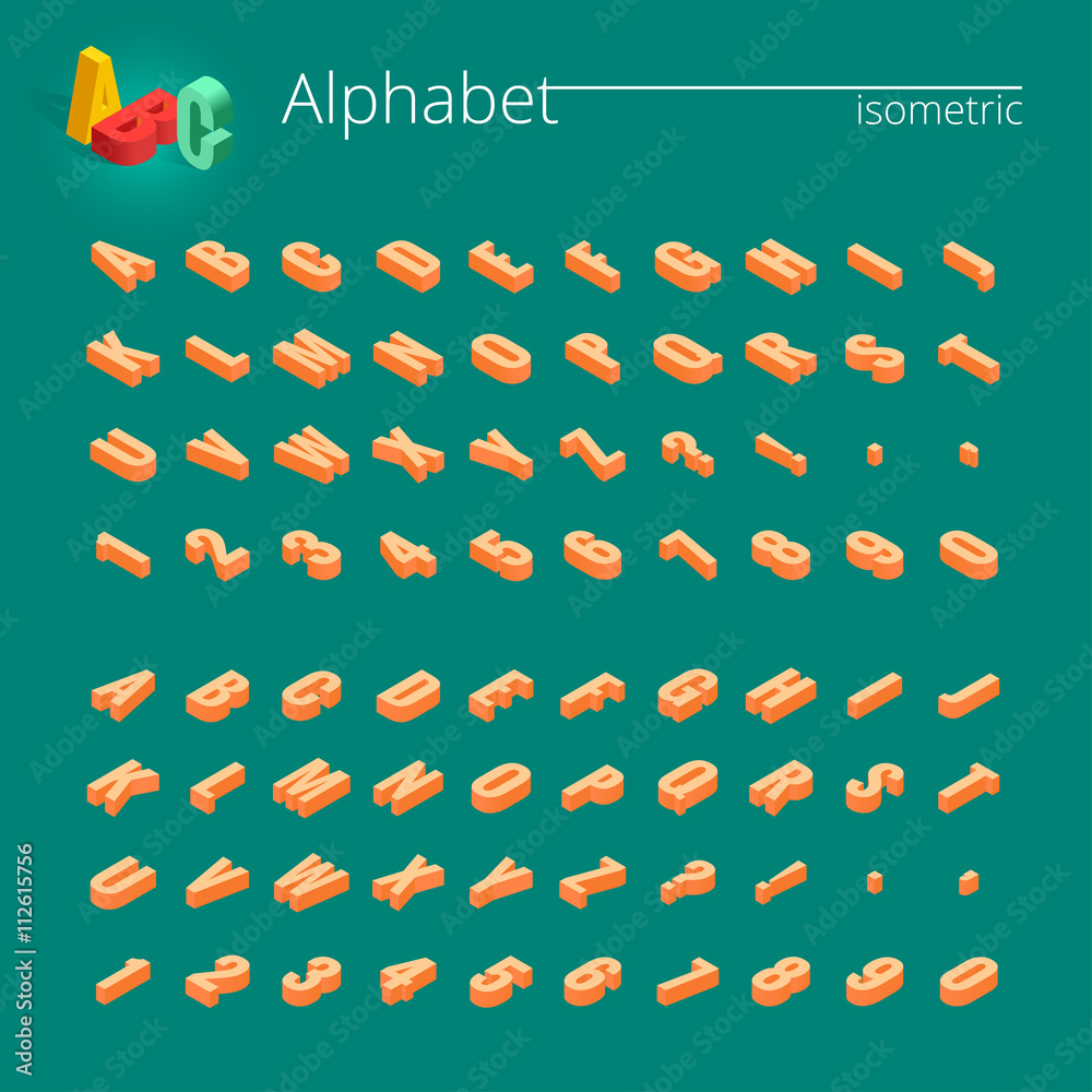 Fototapete 3d isometric alphabet vector font. isometric letters, numbers and symbols. three-dimensional stock v