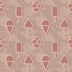 Ice cream heaven - seamless pattern.
Hand drawn ornamental wallpaper or textile pattern with ice-cream motive, in vector format.
