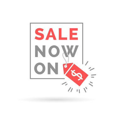 Red sale now on sign. Sale promo with red tag icon. Sale sign with dollar symbol on red price tag. Vector illustration.