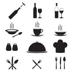 Kitchen tools icon set with glass, wine, spoon and fork. Vector illustration.