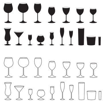 Glass icon set. Stemware for a different drinks. Glasses goblets, cocktail glasses collection. Vector illustration.