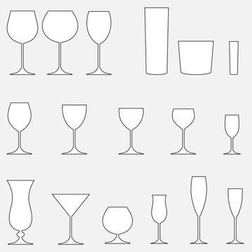 Glass icon set. Stemware for a different drinks. Glasses goblets, cocktail glasses collection. Vector illustration.